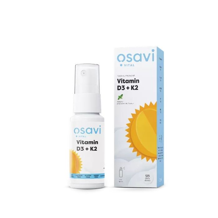 Osavi Vitamin D3 + K2 Oral Spray, Peppermint - 25 ml. 5904139920589, Eén portie levert 1000 IE vitamine D3 en 15 µg vitamine K2.